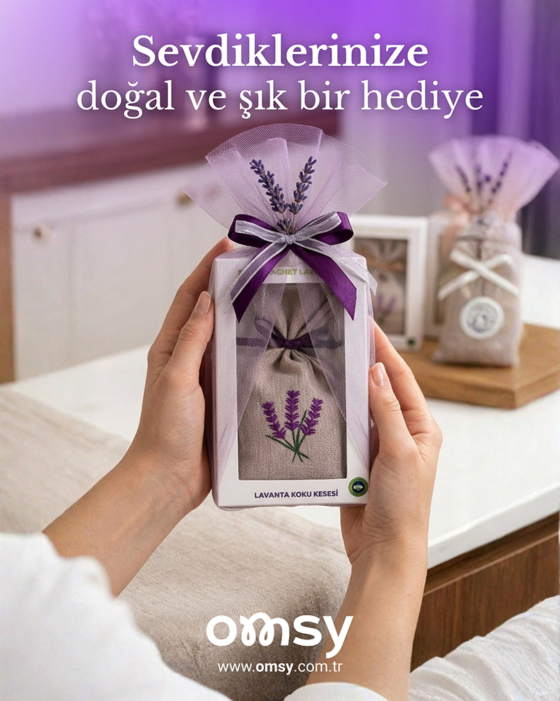 Omsy Lavanta Koku Kesesi Büzgülü - Lavanta Motifli Bej